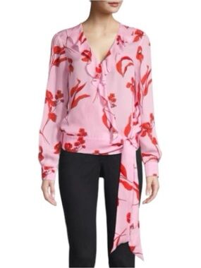 Parker Pink & Red Maiden
Lane Floral Silk Wrap Long Sleeve Pasha Blouse iin S